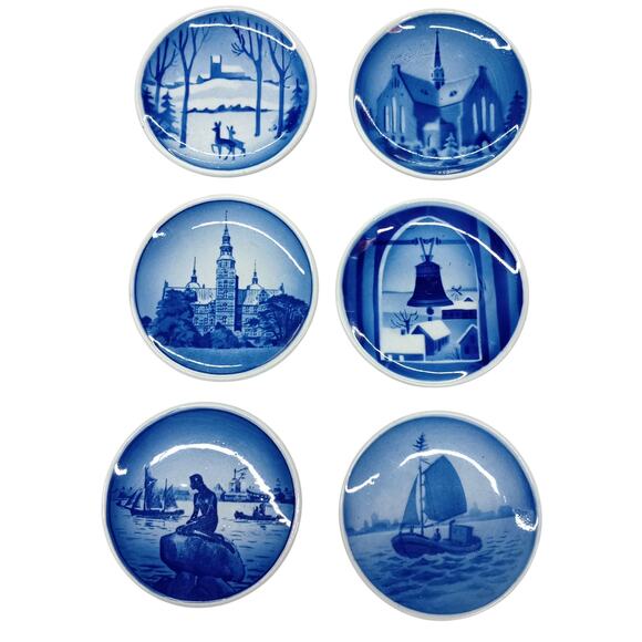 Royal Copenhagen Collector Mini Plates Delft Blue Wall Decor Denmark 3" set of 6 - Picture 1 of 8